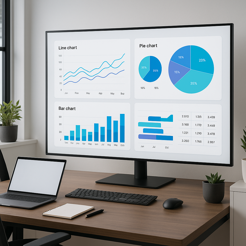 An office workspace showing a dynamic dashboard with charts and graphs on a large screen, symbolizing enterprise softwar...