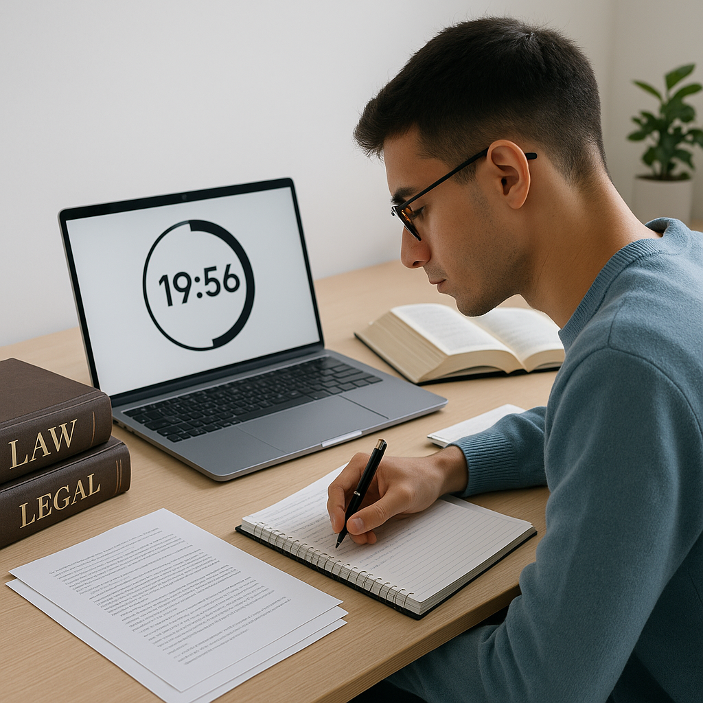 A focused student practicing for a law exam at a desk with a laptop, surrounded by legal textbooks and notes. Timed exam...