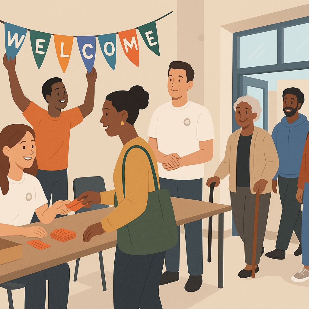 A friendly community center scene with volunteers setting up for an event: tables with tickets, a welcoming banner, and...