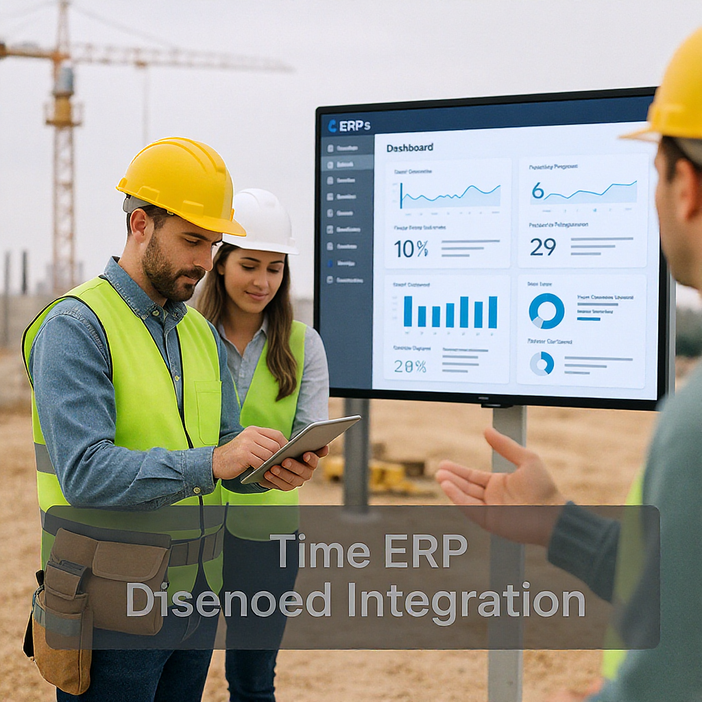 A mid-sized construction team using a tablet on-site, with a clear dashboard showing project progress in the background,...