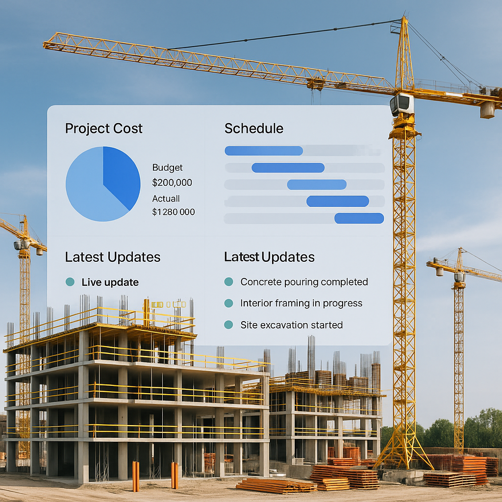A modern construction site with a digital dashboard overlay showing project costs, timelines, and live updates.
