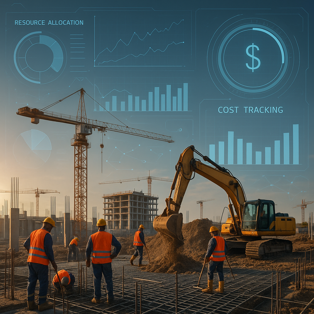 A detailed construction site with workers and machinery, overlaid with futuristic digital HUD-style data visualizations...