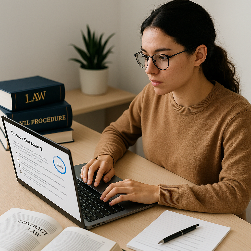 A focused law student answering practice questions on a laptop, surrounded by legal textbooks and notes, with a progress...