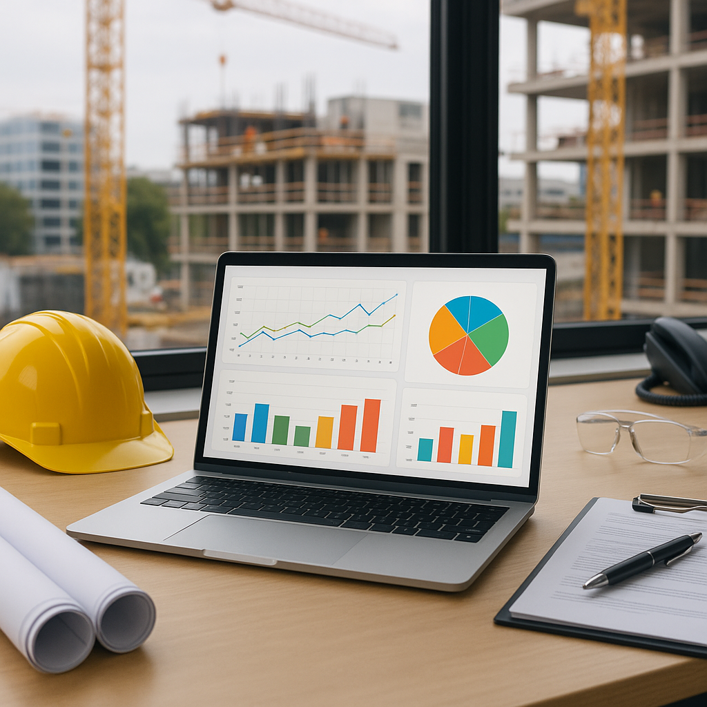 A busy construction contractor office setup showing a laptop screen displaying colorful charts and dashboards, with cons...