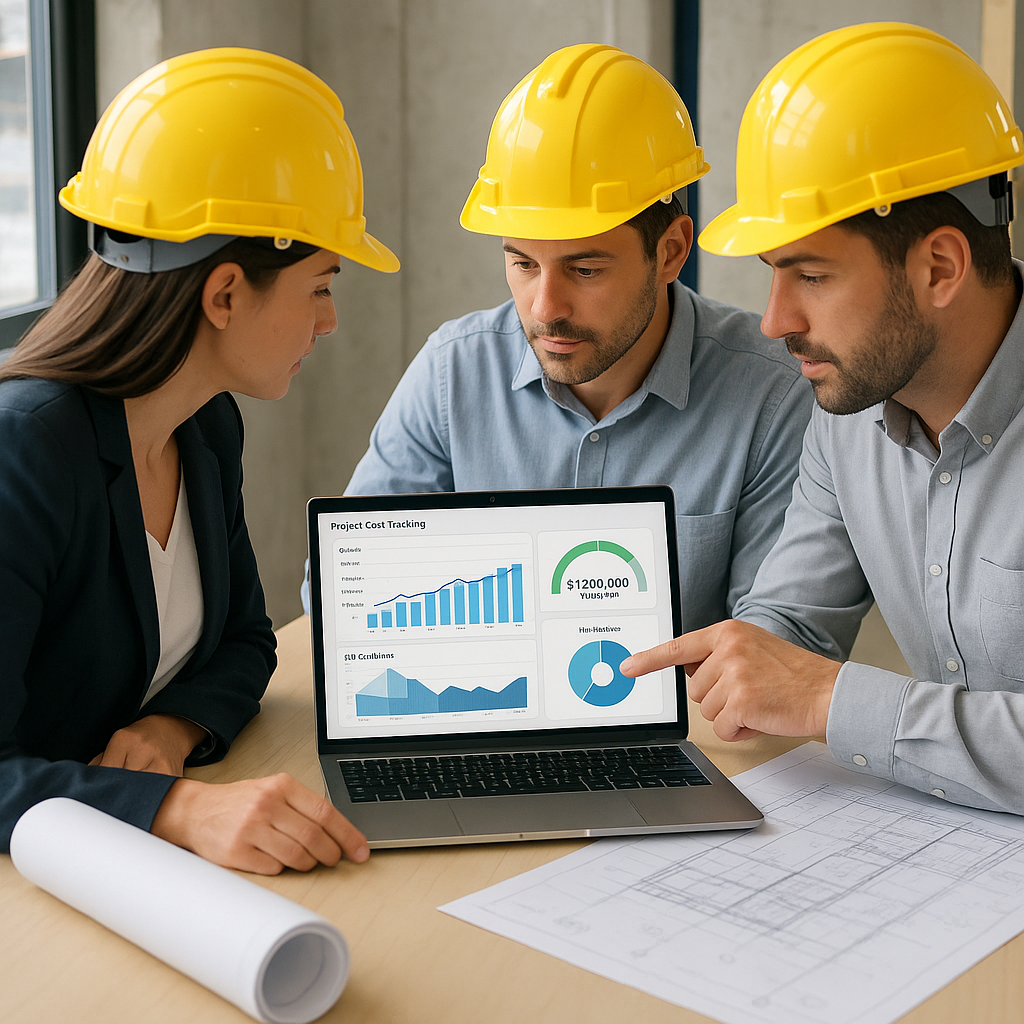 A realistic illustration of construction project managers in a site office, analyzing a dashboard on a laptop showing pr...