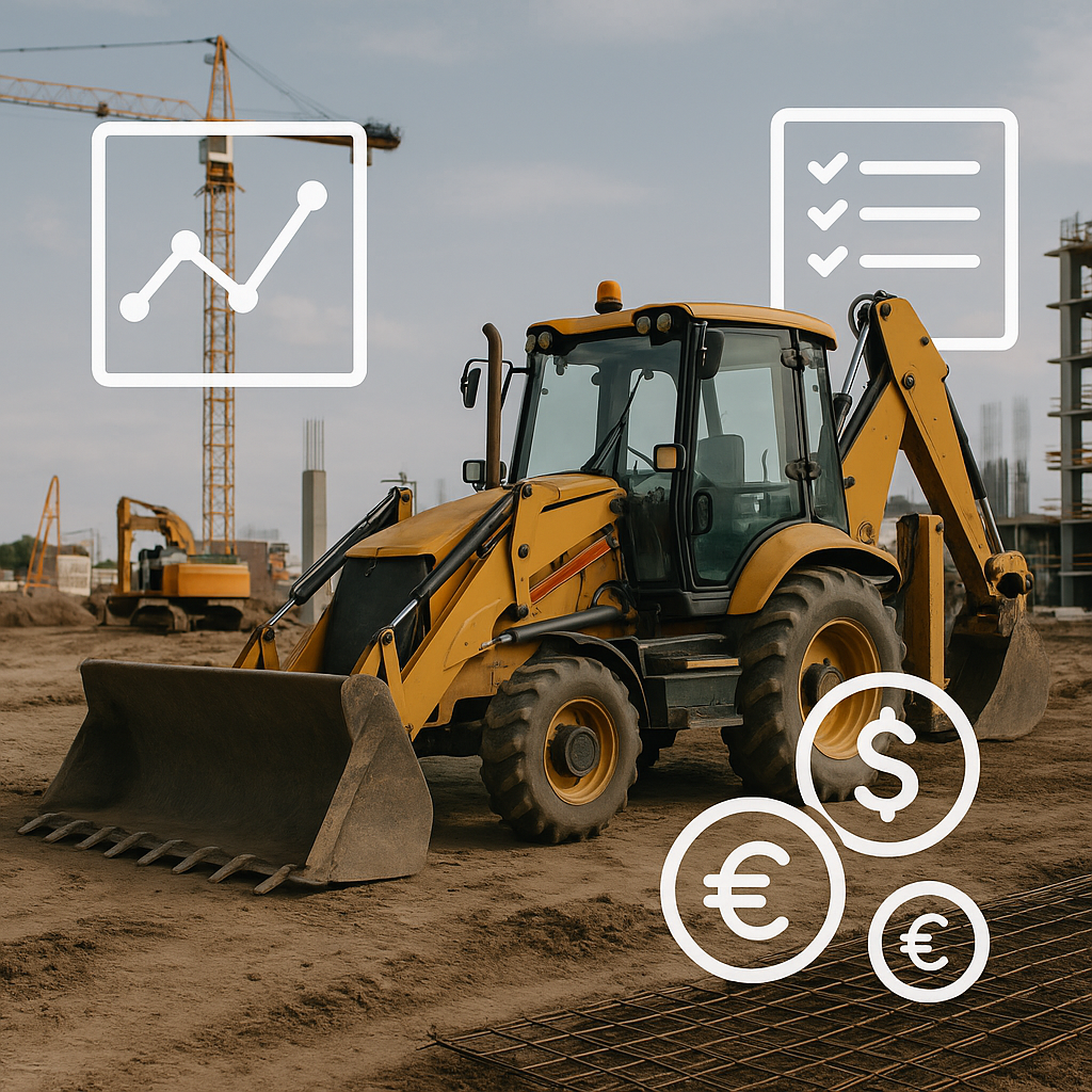A construction site with idle equipment like a backhoe, overlaid with icons representing cost tracking (e.g., a graph, c...