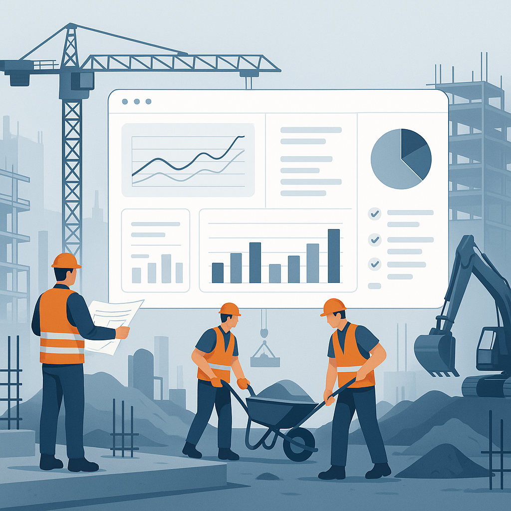 A detailed illustration of a construction site, showing workers, machinery, and a digital dashboard overlay representing...