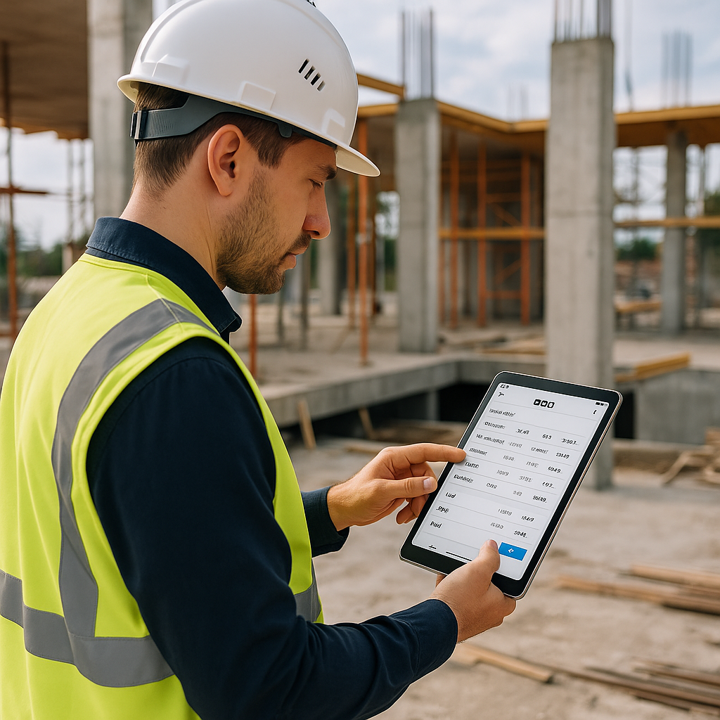 A contractor on-site using a mobile app to input data into a BOQ while surveying a construction project, with a visible...