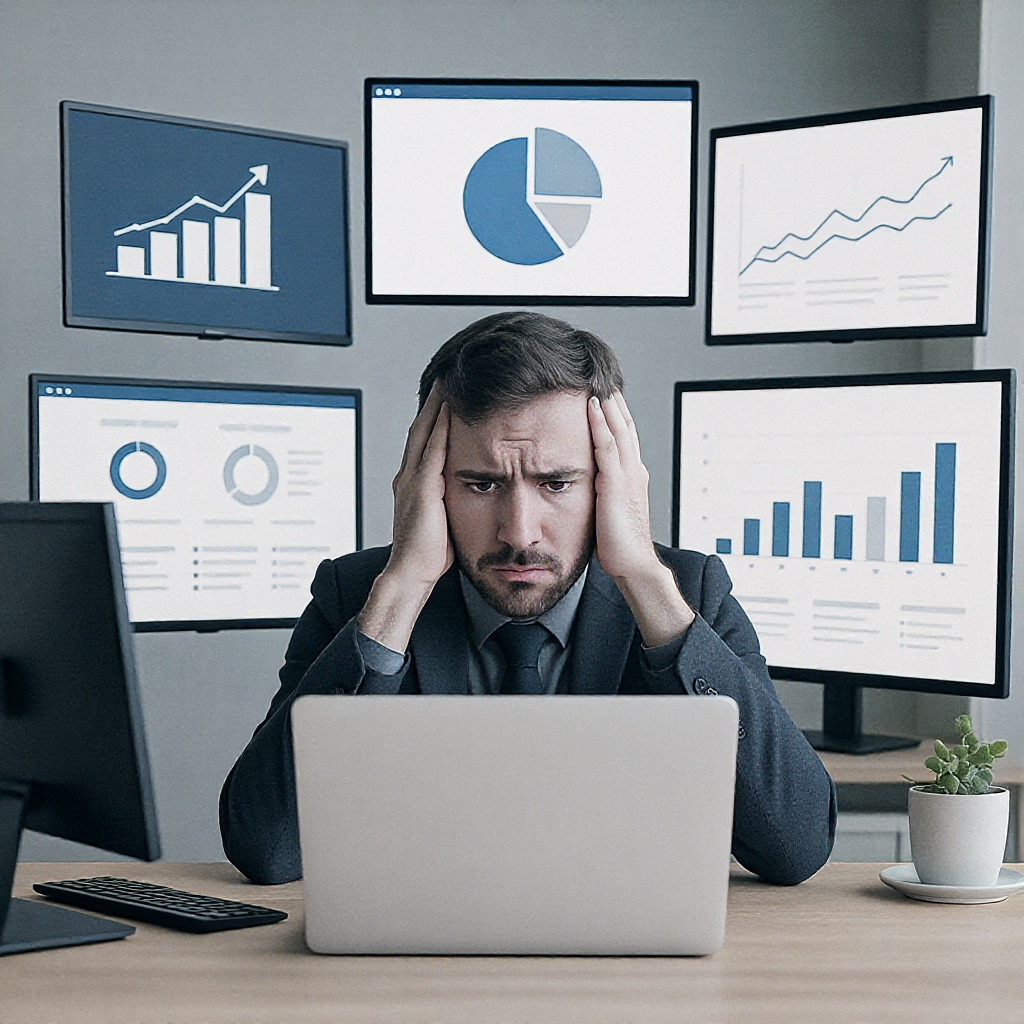 A frustrated office worker surrounded by multiple screens showing different business apps, symbolizing tool fragmentatio...