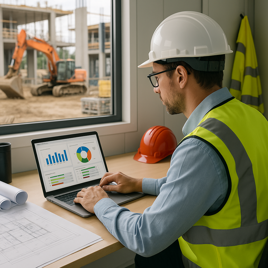 A construction site office with a project manager analyzing a digital dashboard on a laptop, surrounded by blueprints an...