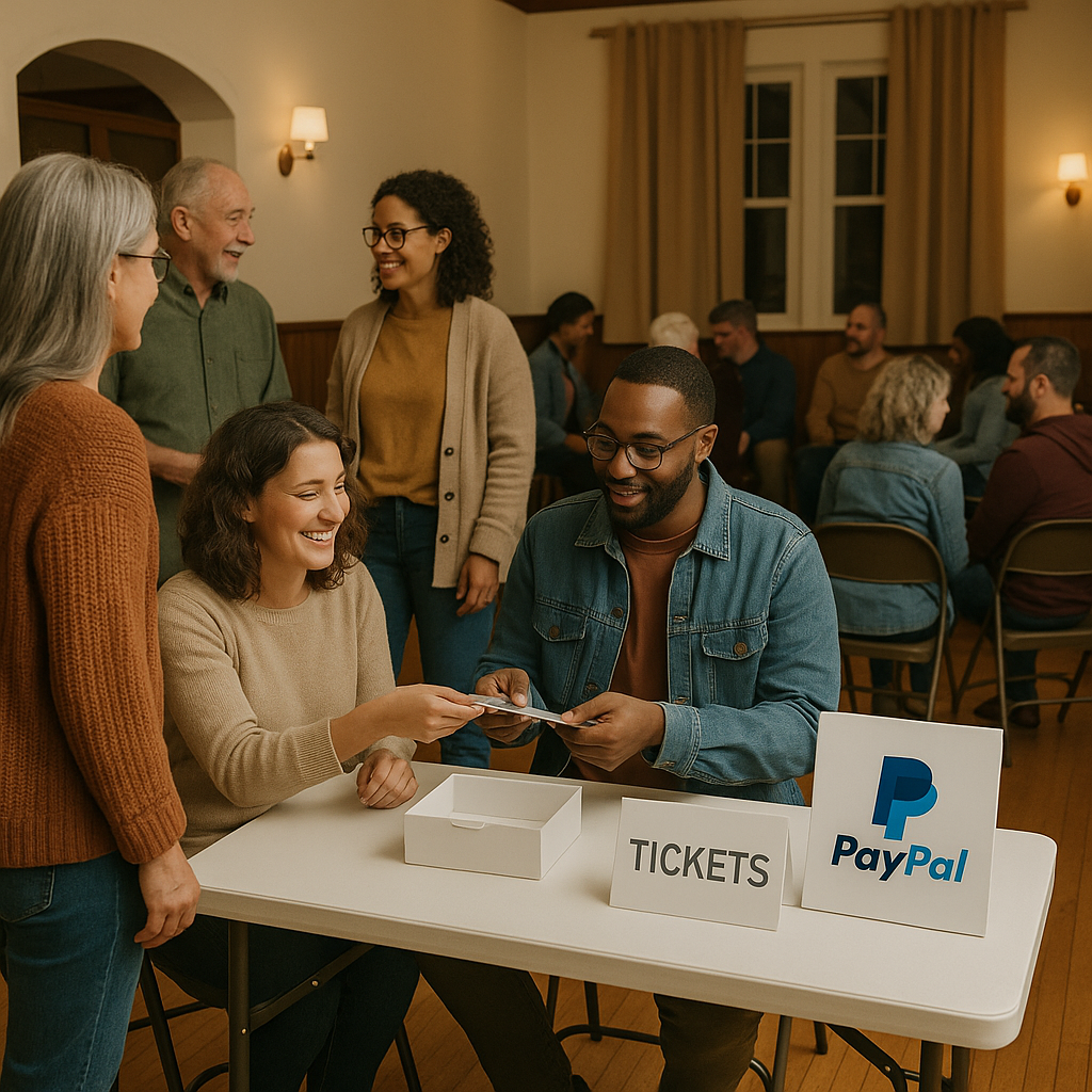 A small community group hosting an event in a cozy local hall, with a simple ticket booth and PayPal payment sign visibl...
