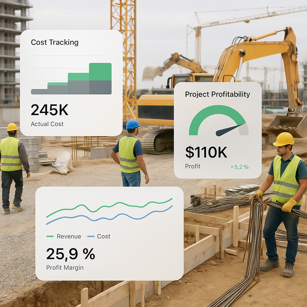 A construction site with workers and equipment, overlaid with digital dashboards showing cost tracking and project profi...