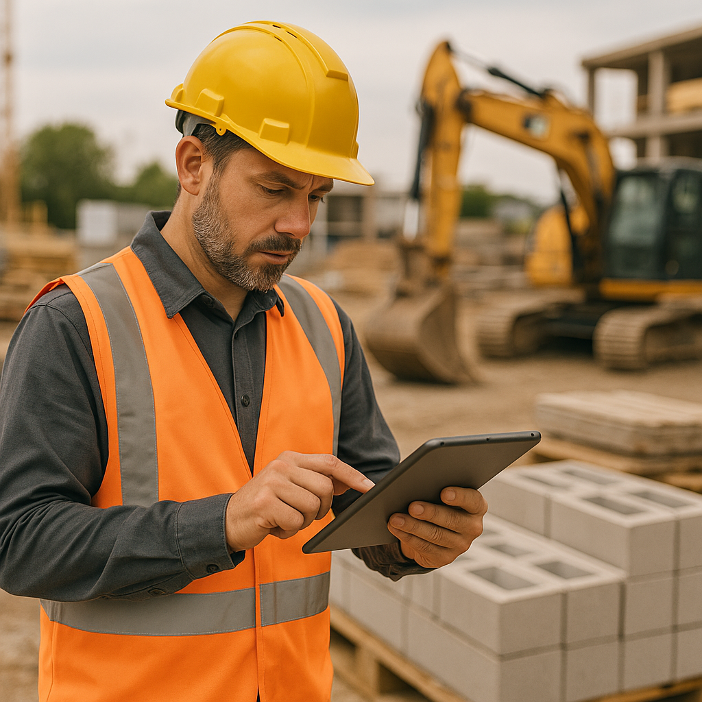 A contractor on-site using a mobile app on a tablet, capturing survey details with materials and machinery visible in th...
