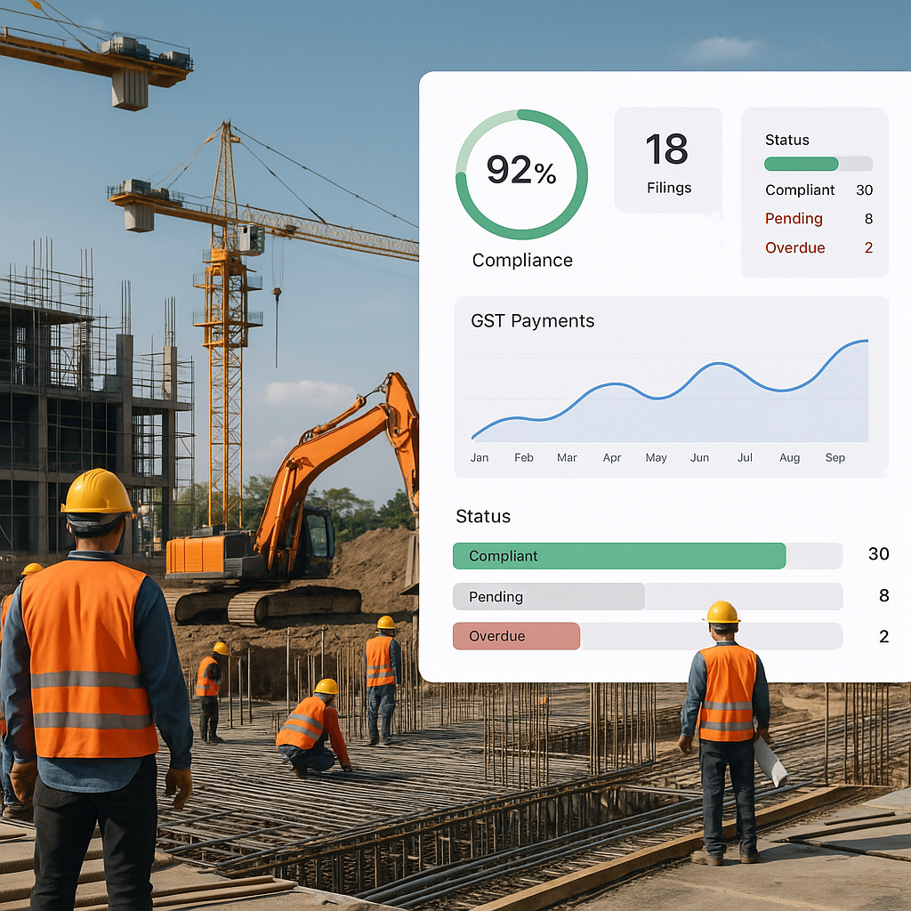 A construction site with multiple workers and equipment, alongside a digital dashboard overlay showing GST compliance me...