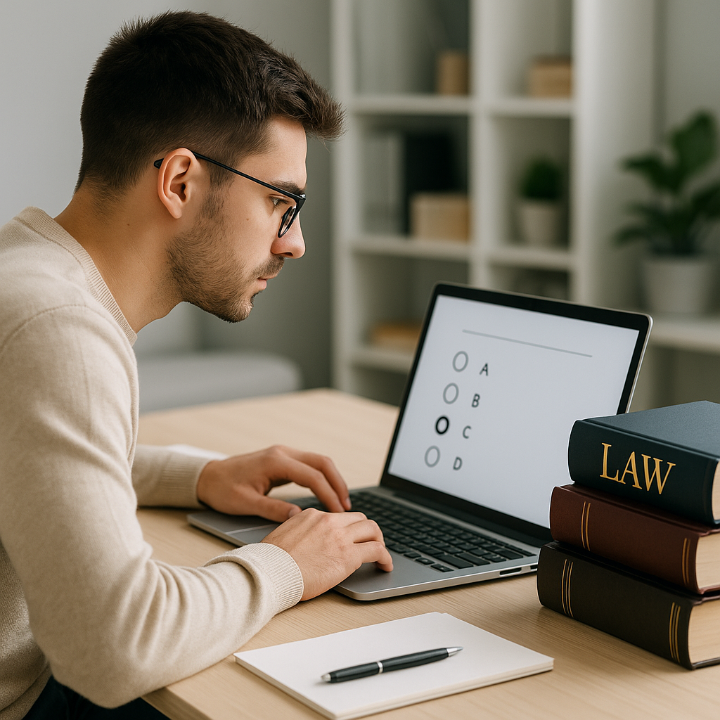 A focused law student sitting at a desk with a laptop open and a stack of legal textbooks nearby, answering multiple-cho...