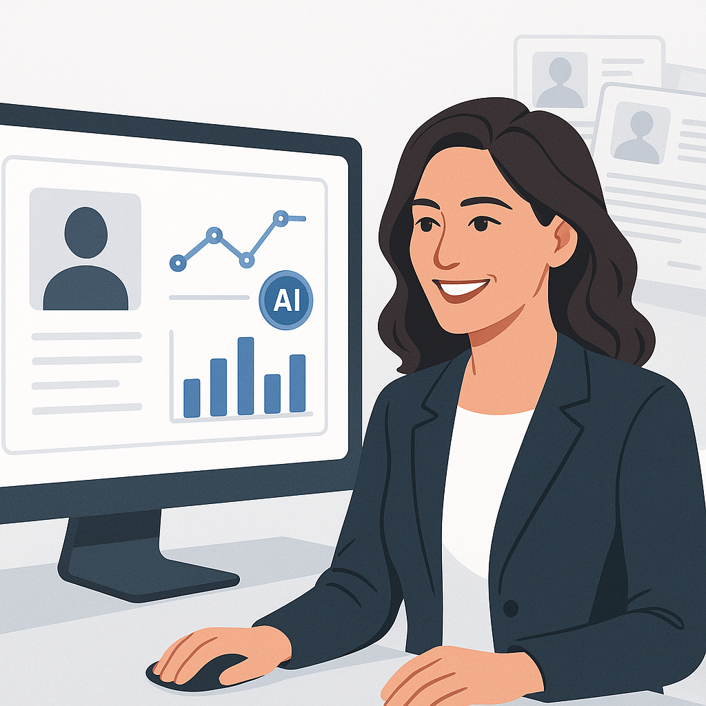 A sleek AI-powered dashboard analyzing resumes, with a recruiter smiling and a pile of resumes fading into the backgroun...