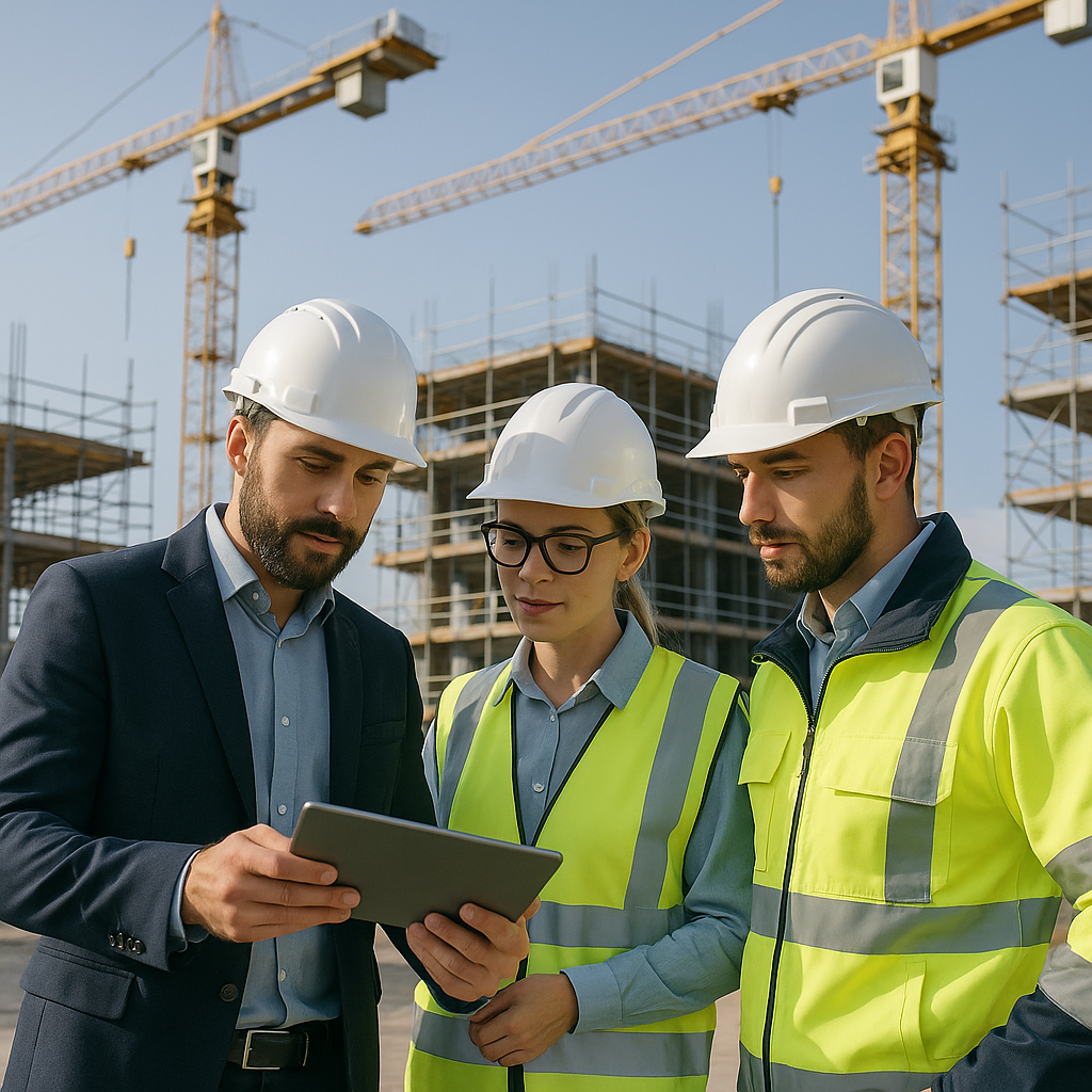 A construction site with project managers and engineers using a tablet to review real-time data, with cranes and scaffol...