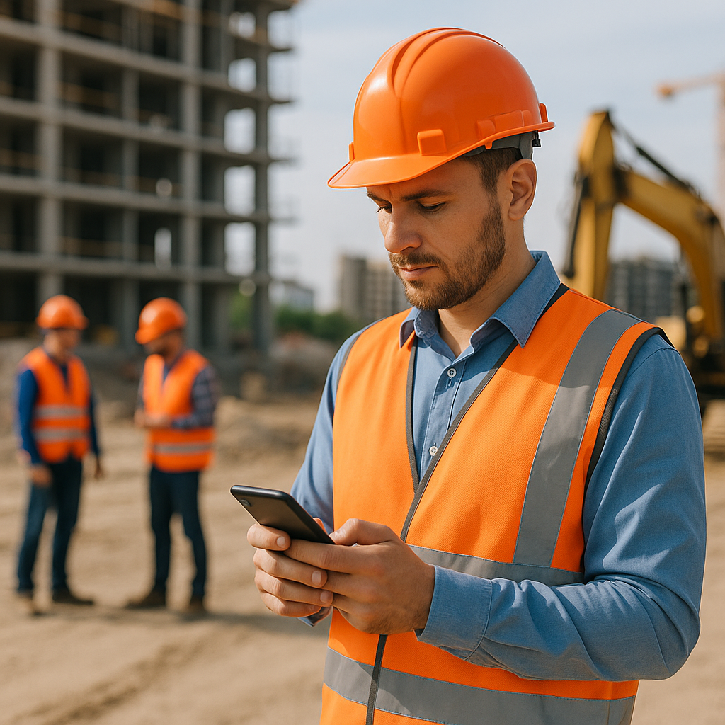 A construction supervisor on a job site using a smartphone to input data, with workers and construction equipment in the...