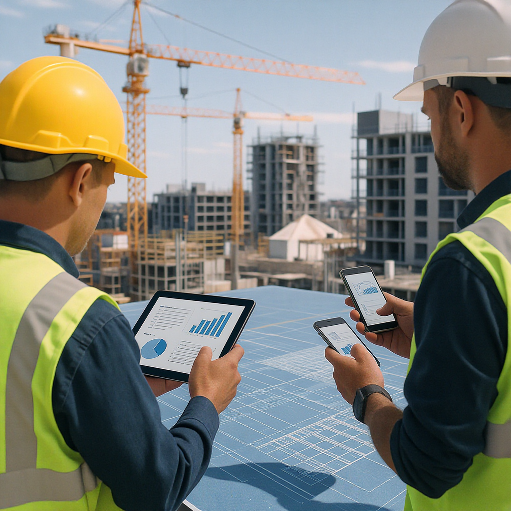 A construction site with workers using tablets and smartphones, displaying digital blueprints and project data, with mod...