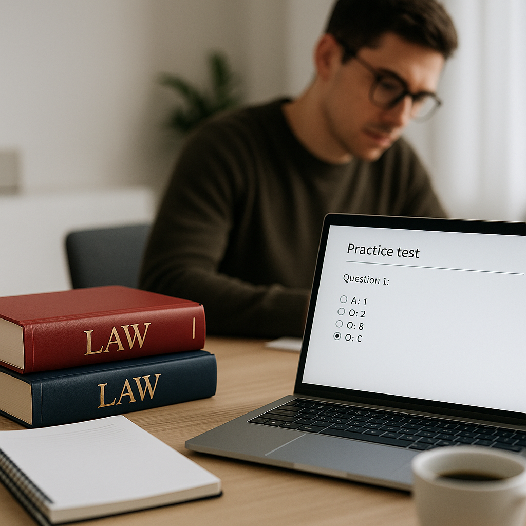 An image of a desk with study materials like law books, a laptop open to a practice test, and a cup of coffee, with a fo...