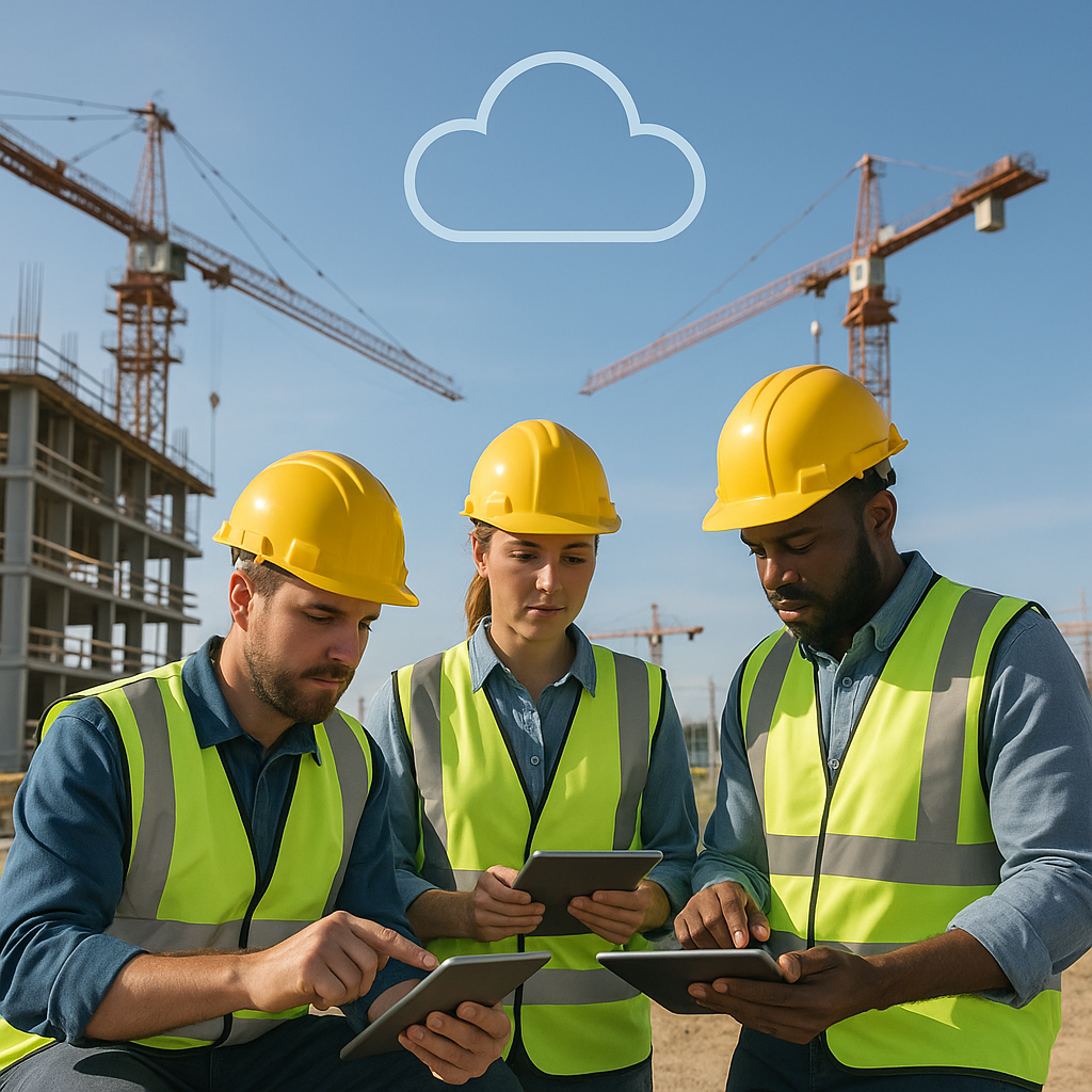 A construction site with workers reviewing digital plans on tablets, cranes in the background, and a cloud icon subtly i...
