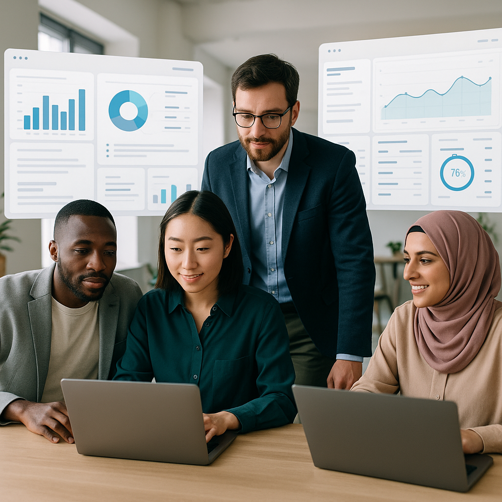 A modern office with diverse professionals collaborating on laptops, with SaaS platforms visualized as floating digital...
