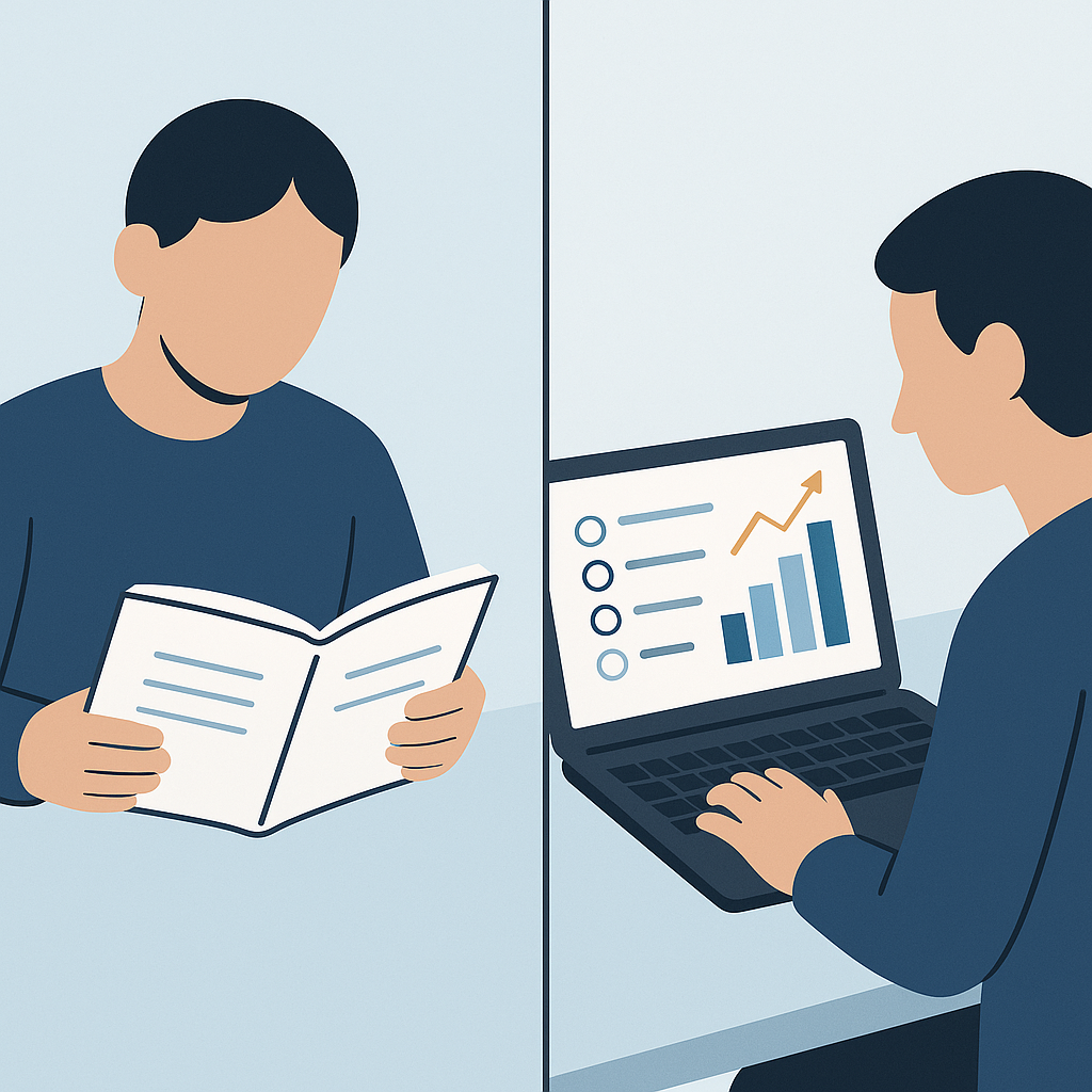 A modern graphic showing a split screen: one side with a person passively reading notes, and the other side drilling MCQ...