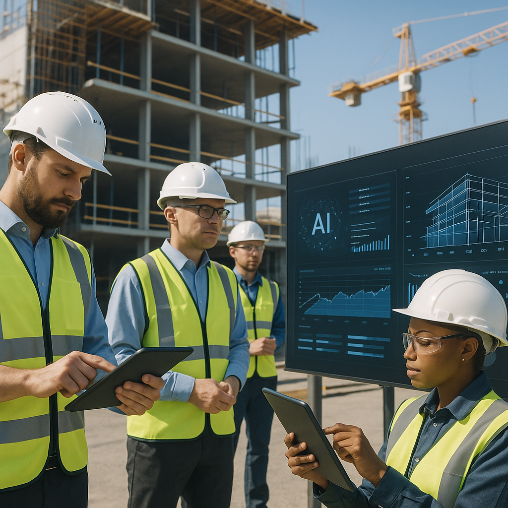 A high-tech construction site with AI-driven dashboards on digital screens, workers reviewing real-time project data on...