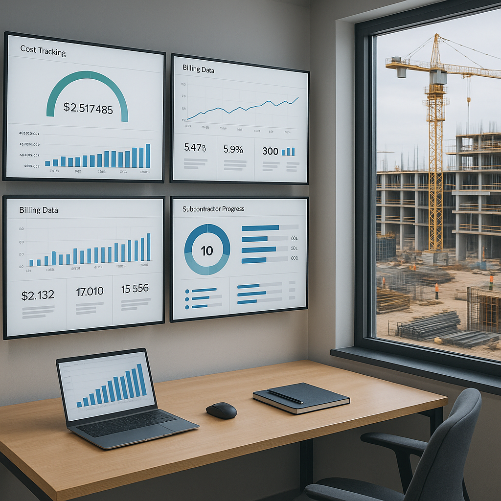 A realistic image of a construction site control room with multiple digital dashboards showing cost tracking, billing da...