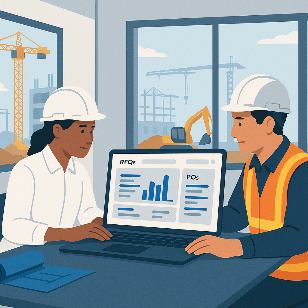 An illustration of a construction site office, with engineers using a laptop to manage procurement workflows on a SaaS E...