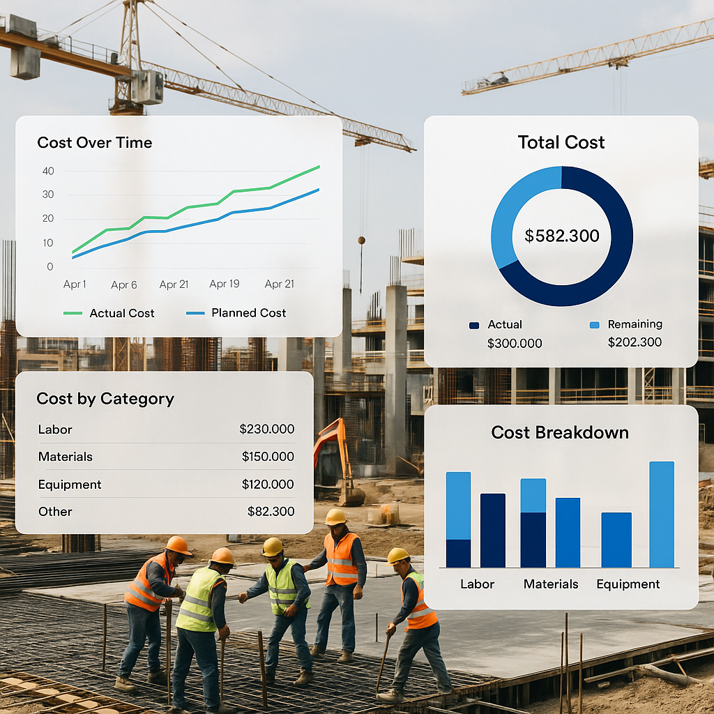 A construction site with workers and equipment, overlaid with digital dashboards showing real-time cost tracking data.
