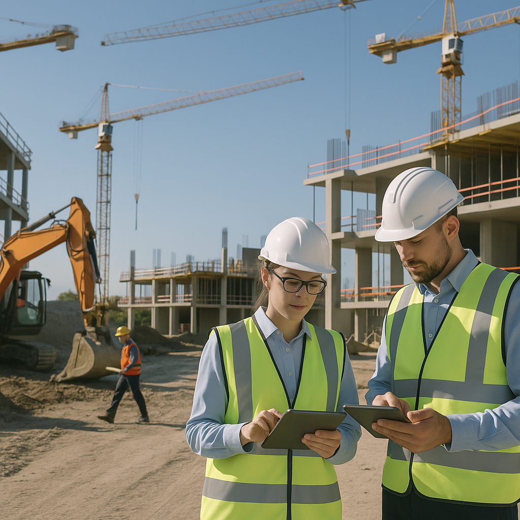 A construction site with multiple ongoing projects, showing workers, equipment, and supervisors analyzing data on tablet...