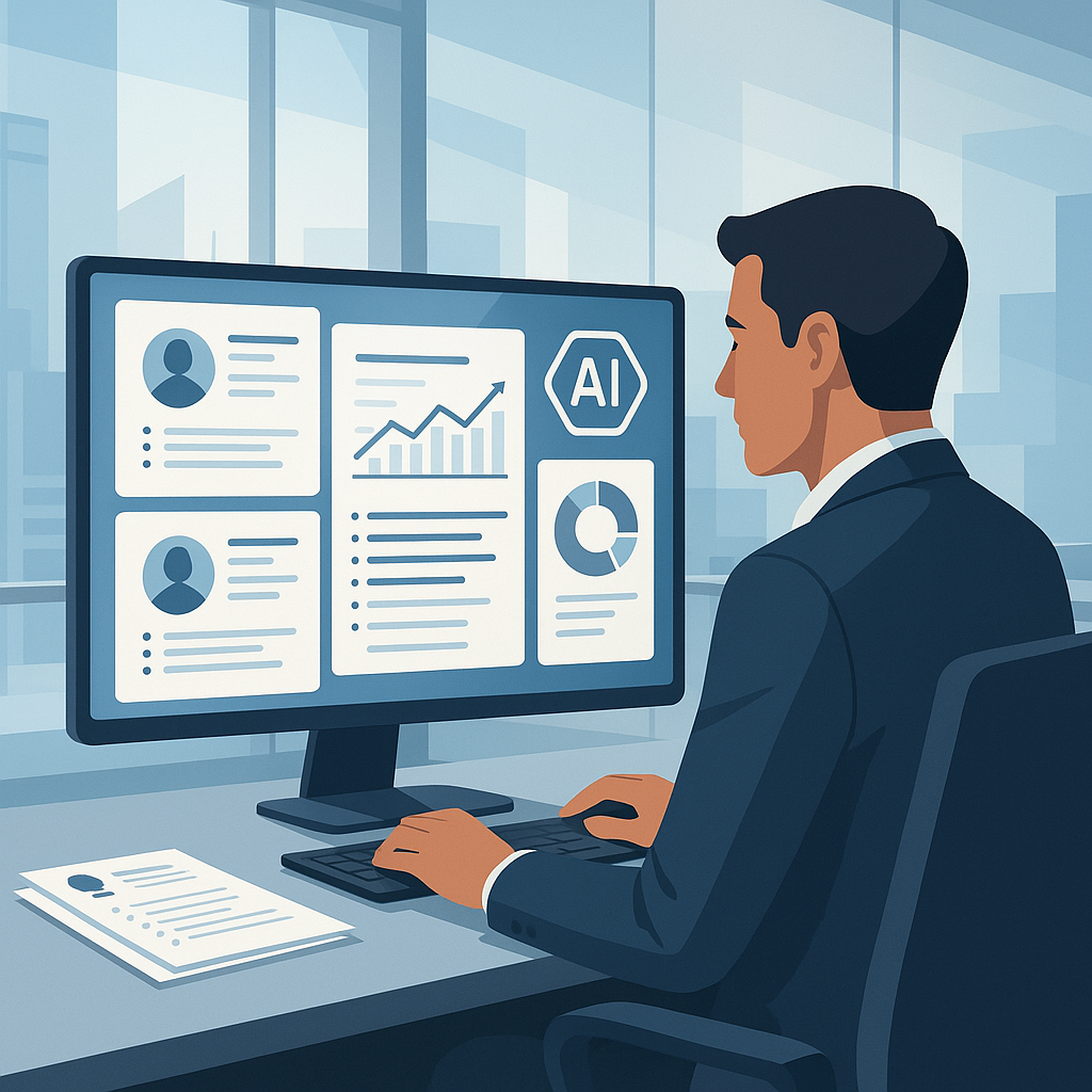 A futuristic yet professional office setting showing a recruiter using an AI-powered dashboard on a computer, with resum...