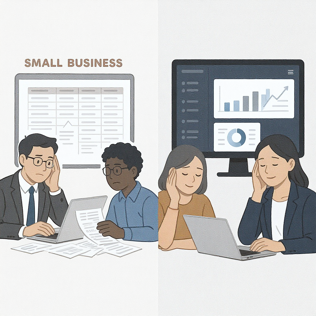 A realistic illustration of a small business team transitioning from messy spreadsheets to a sleek SaaS dashboard, showi...
