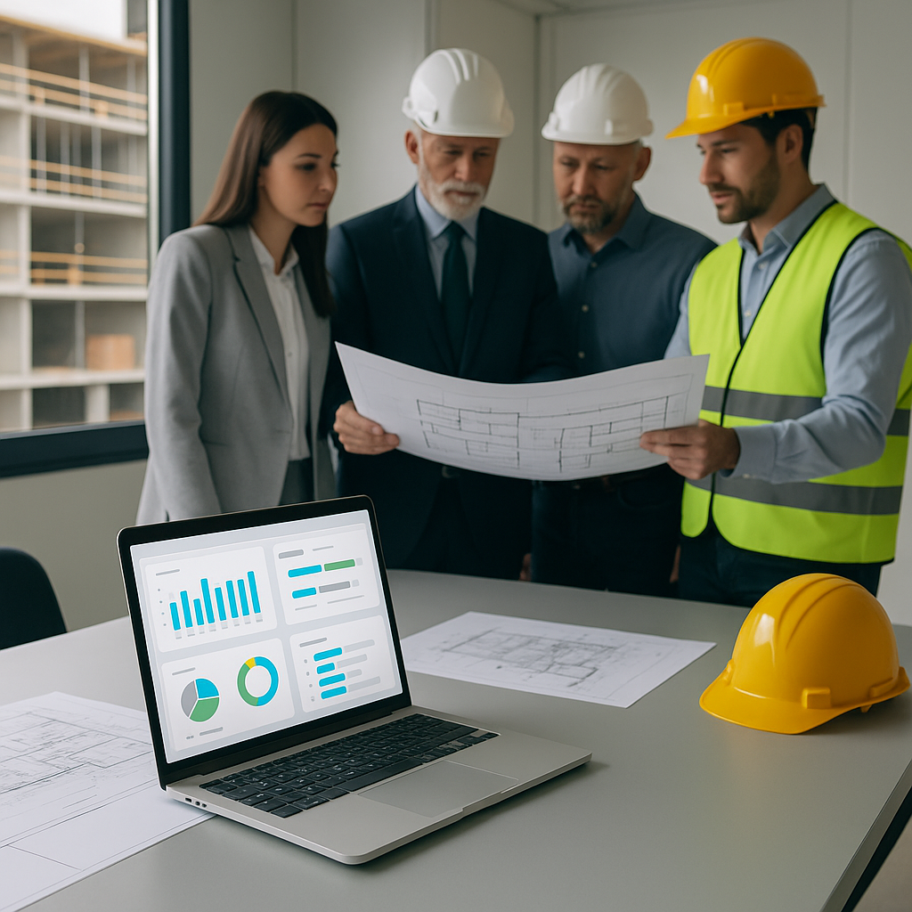 A construction site office with blueprints, a laptop showing a project dashboard, and a team reviewing workflows. Modern...