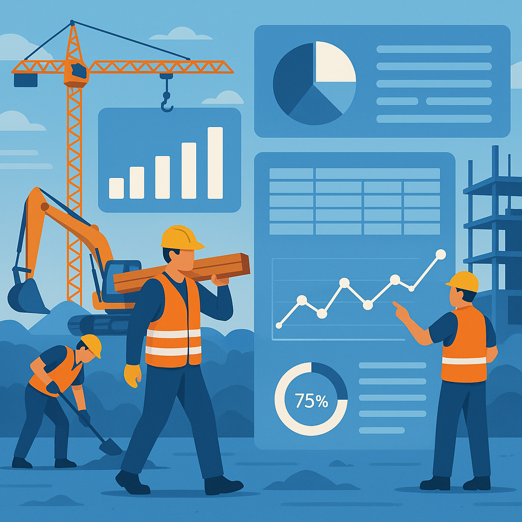 A construction site with workers and machinery, overlaid with digital dashboards and charts symbolizing ERP systems, in...