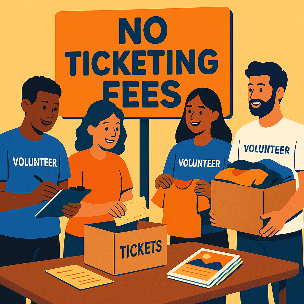 An illustration of a diverse group of community volunteers organizing an event, with a bold sign showing 'No Ticketing F...