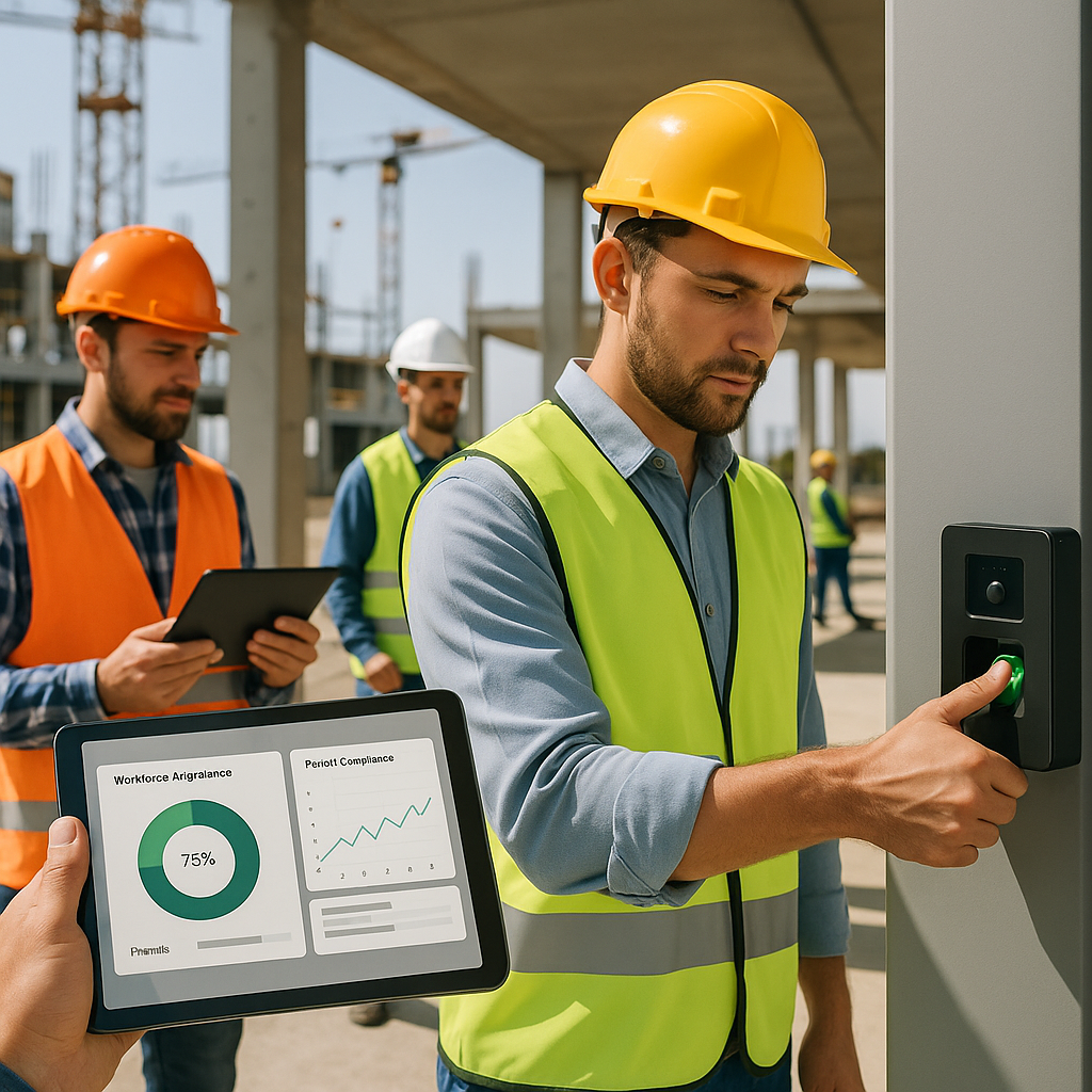 A modern construction site with workers clocking in using biometric devices, real-time dashboards visible on tablets sho...