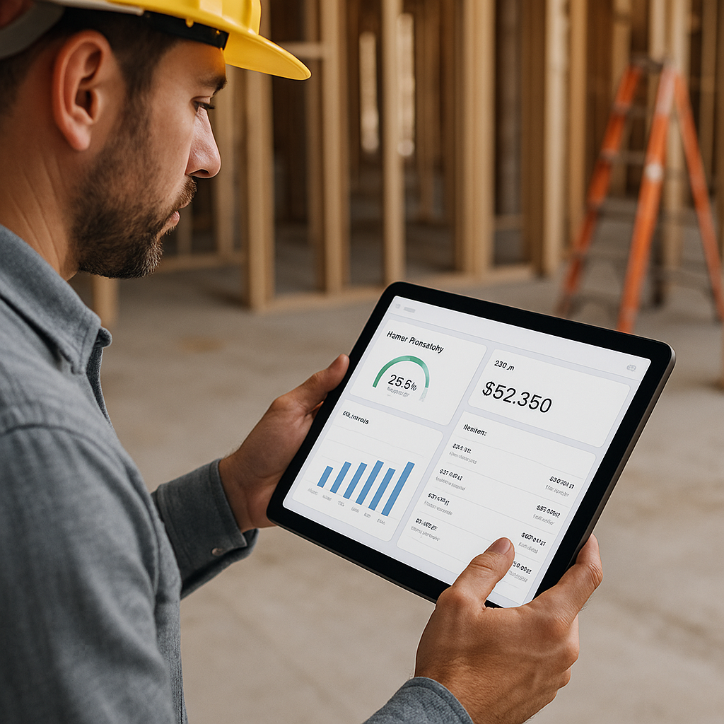A construction contractor reviewing a digital dashboard on a tablet at a job site, showing project profitability and bil...