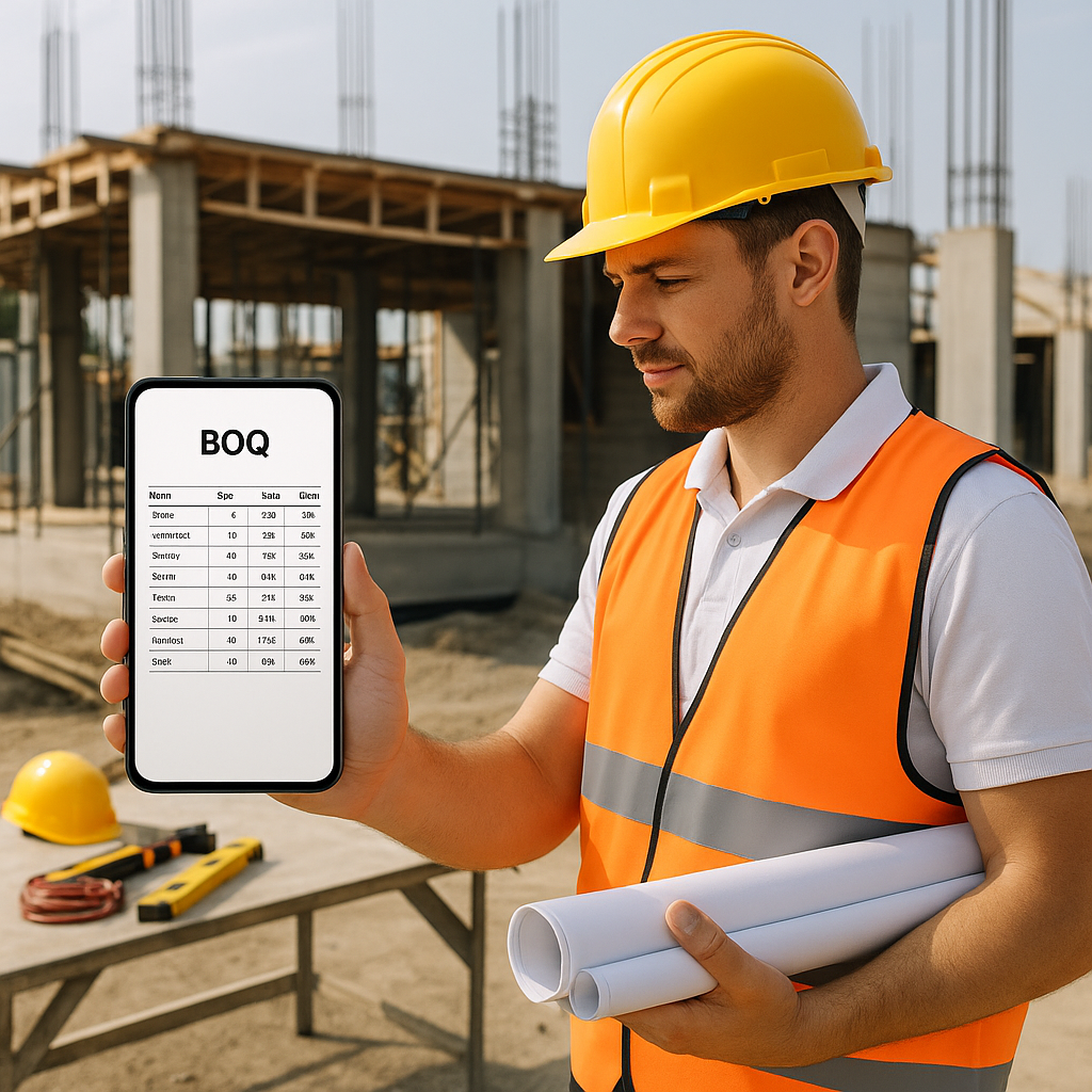 A contractor standing on a construction site, holding a smartphone, with a digital BOQ form visible on the screen. Backg...