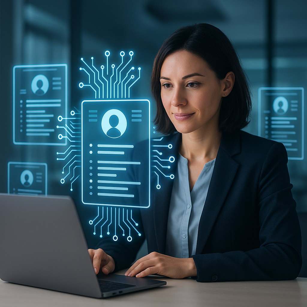 A professional recruiter sitting at a desk with a laptop, surrounded by holographic visuals of resumes being analyzed by...