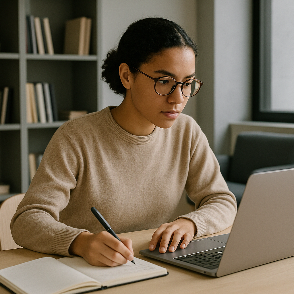 A focused law student practicing MCQs on a laptop, with a notebook and coffee next to them, in a modern study space.