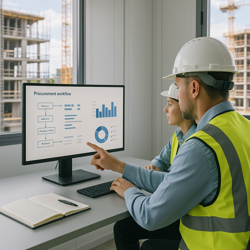 A construction site office with engineers reviewing procurement workflows on a computer screen displaying an ERP dashboa...
