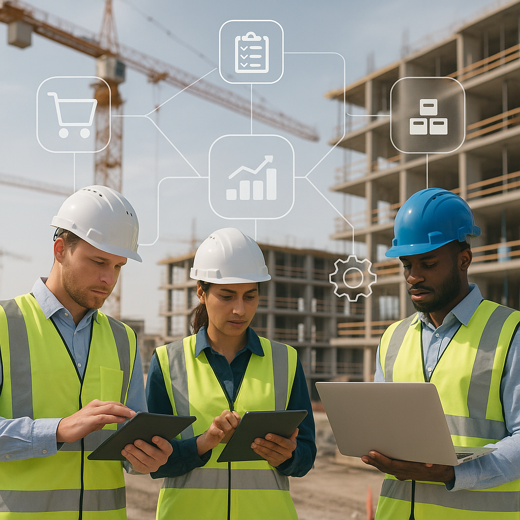 A modern construction site with engineers using tablets and laptops to manage procurement and materials, with a subtle o...