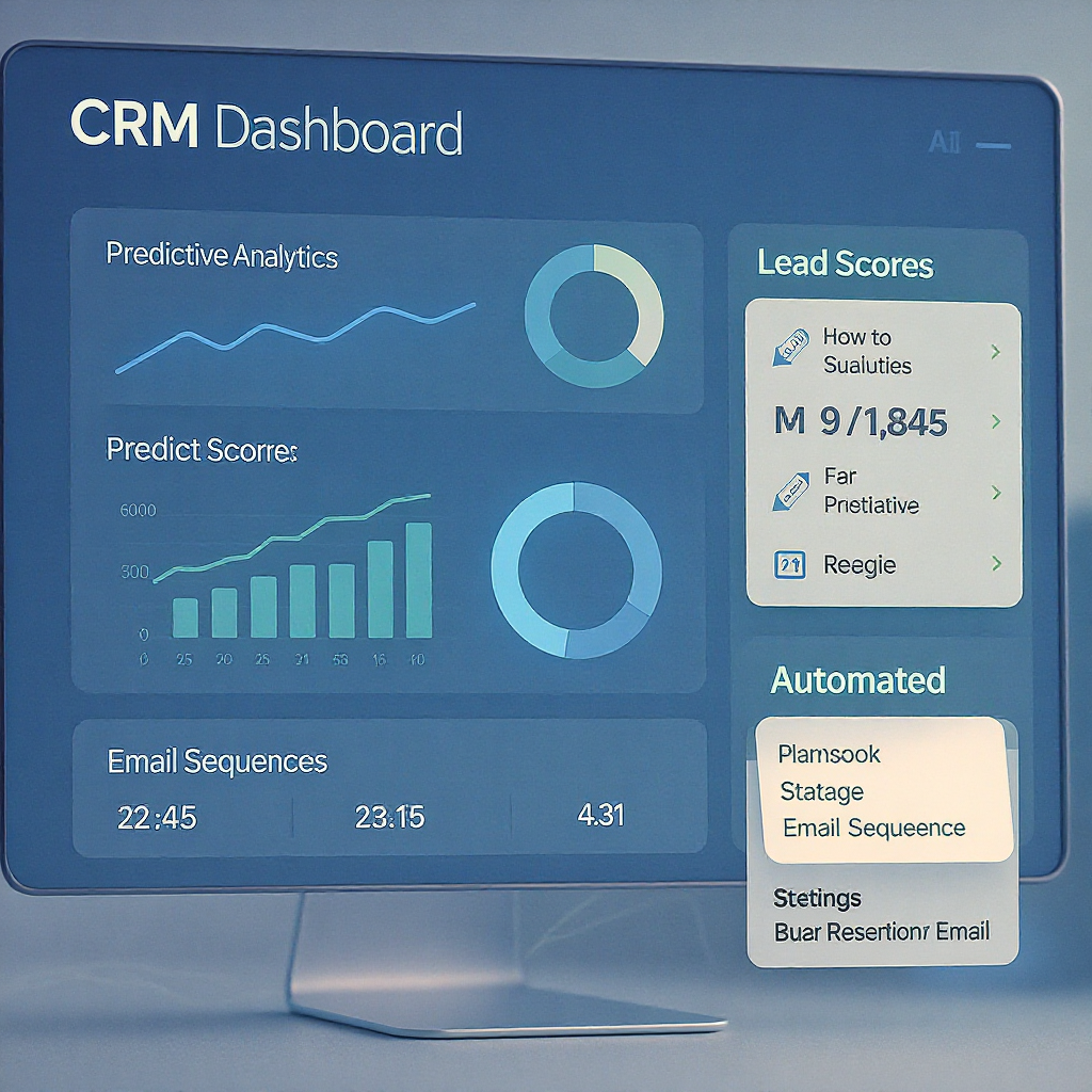 A futuristic graphic showing an AI-powered CRM dashboard with predictive analytics, lead scores, and automated email seq...