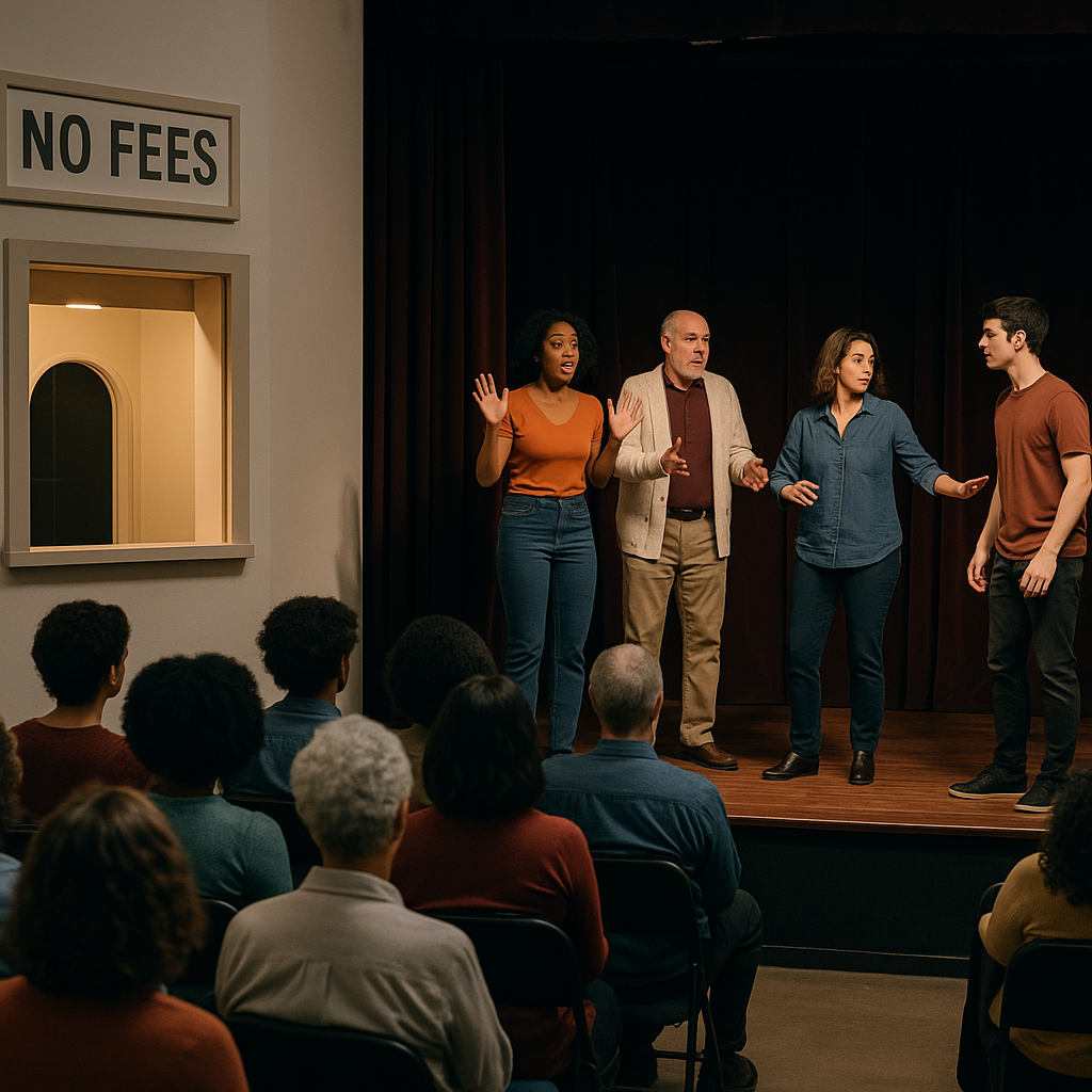 A small community theatre group performing on stage, with a diverse audience in a cozy venue, ticket booth in the backgr...