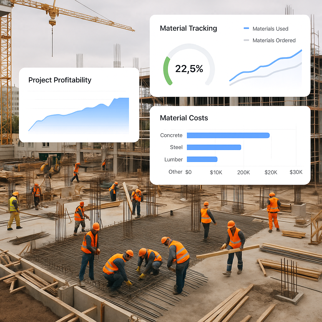 A construction site with multiple teams working, overlaying dashboards showing real-time project profitability and mater...