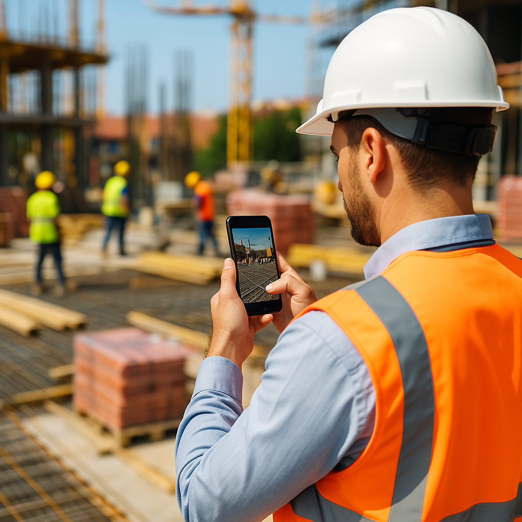 A busy construction site with a contractor holding a smartphone, capturing site details, with a blurred background showi...