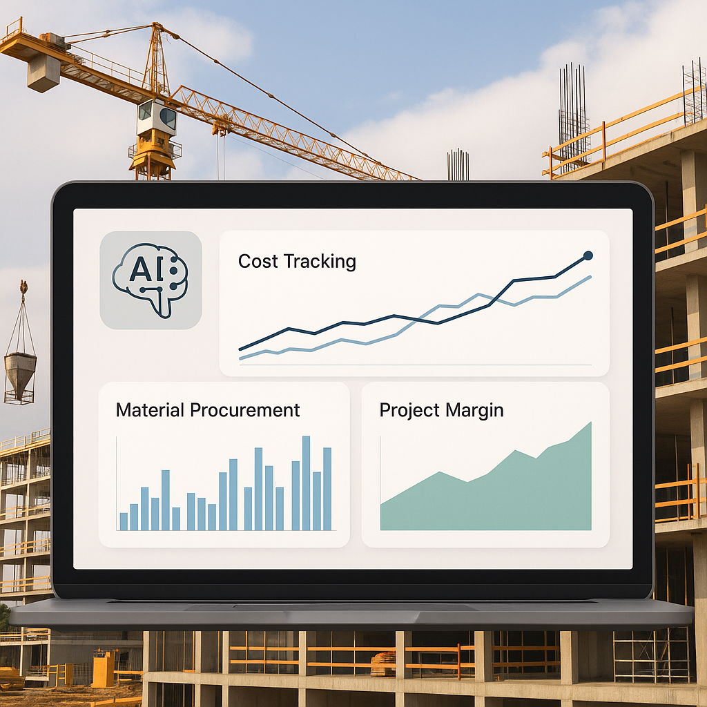 A realistic image of a construction site dashboard with AI analytics, showing graphs for cost tracking, material procure...