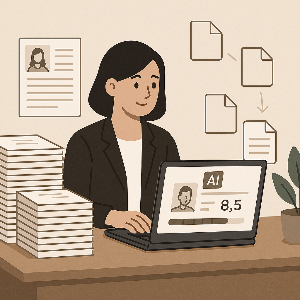 An illustration of a recruiter at a desk with a laptop displaying AI-driven resume scoring, surrounded by stacks of trad...